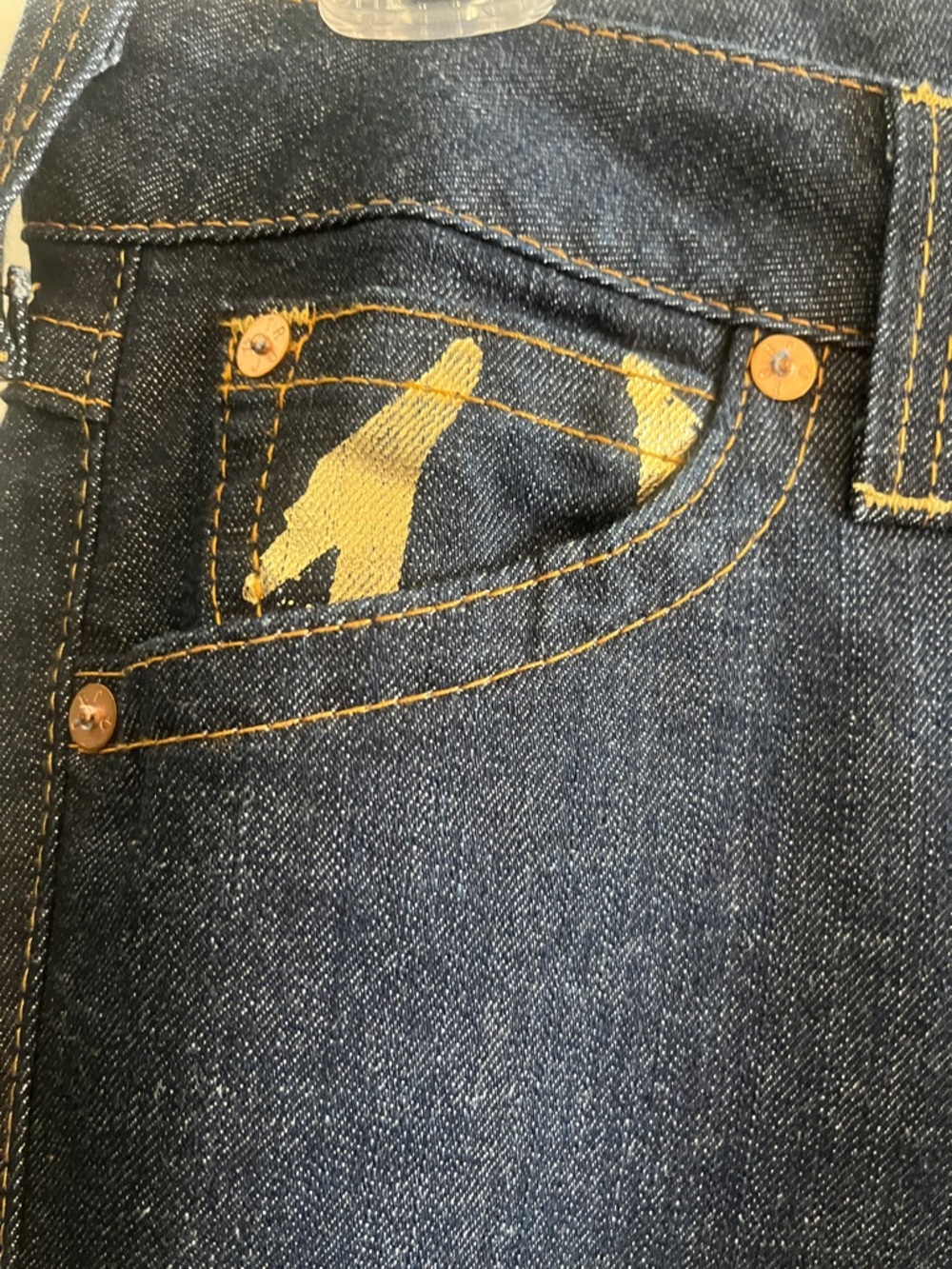 True Religion Dark Blue Flared Jeans with Gold Back Pocket Detail - Picture 5 of 8